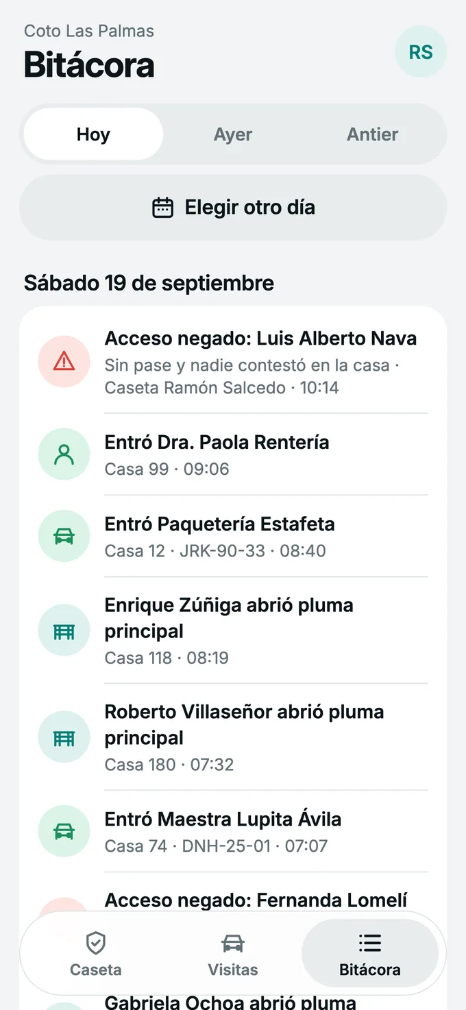Bitácora de accesos del día